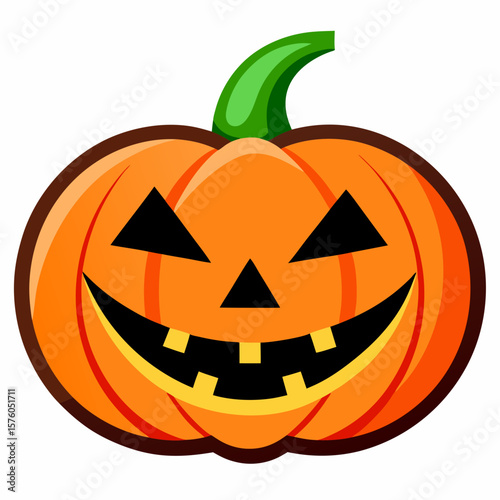 Orange Halloween pumpkin with carved face and green stem vector jackolantern