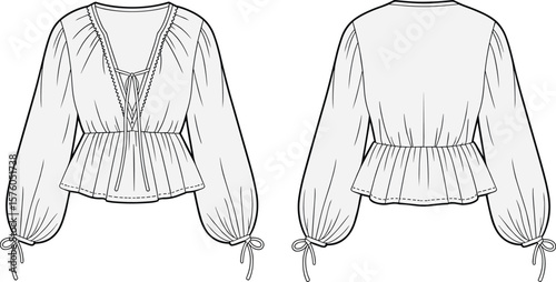 Boho peplum blouse technical fashion sketch, long sleeve top with tie front and gathered waist, front and back illustration