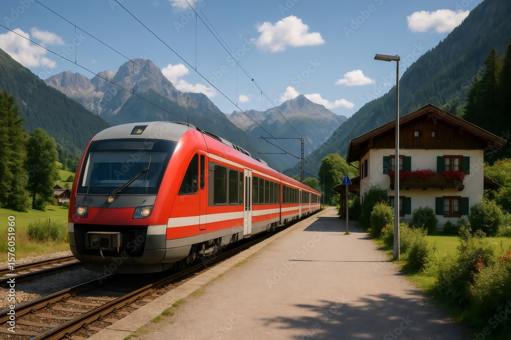 Naklejka premium Red modern train arriving at a small station in a mountain village in the Alps, during a sunny summer day