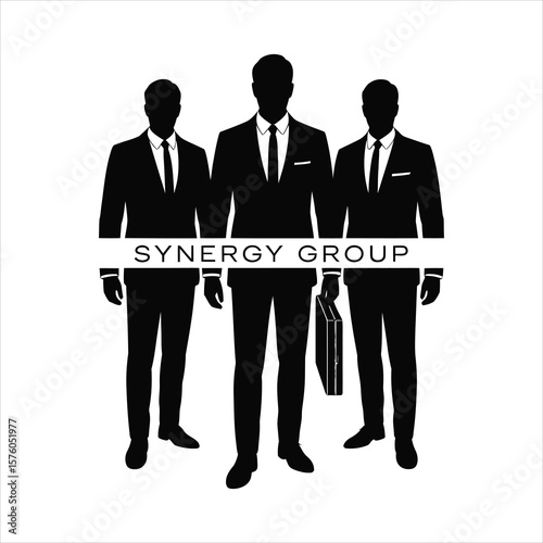 Three businessmen in suits standing together with a briefcase synergy group silhouette