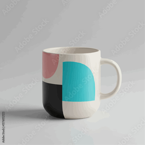 Modern clay mug with geometric patterns in pastel colors  