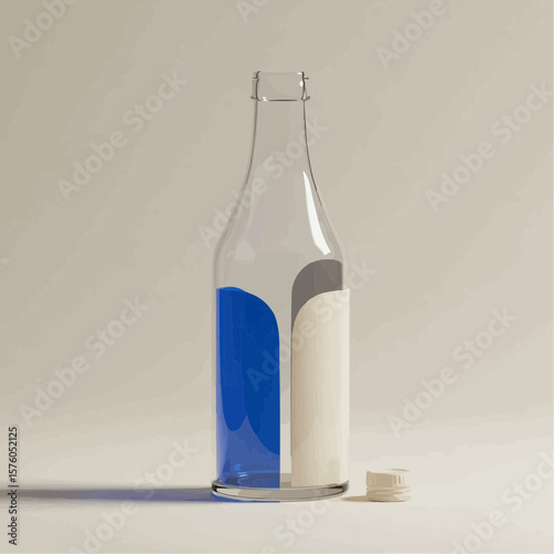 Glass bottle with blue liquid and removable cap on neutral background  