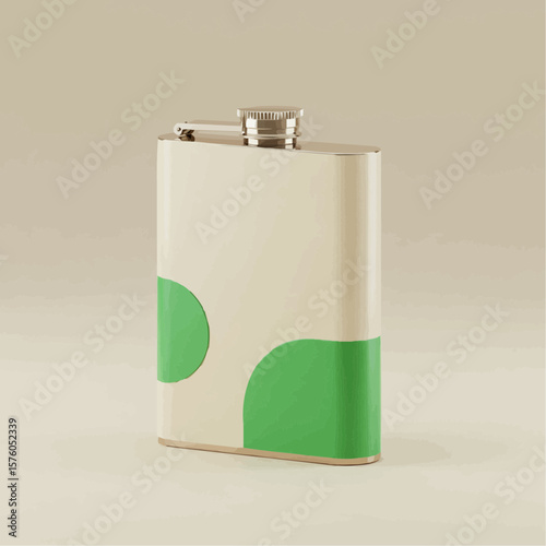 Stylish metal flask with green accents on beige background  