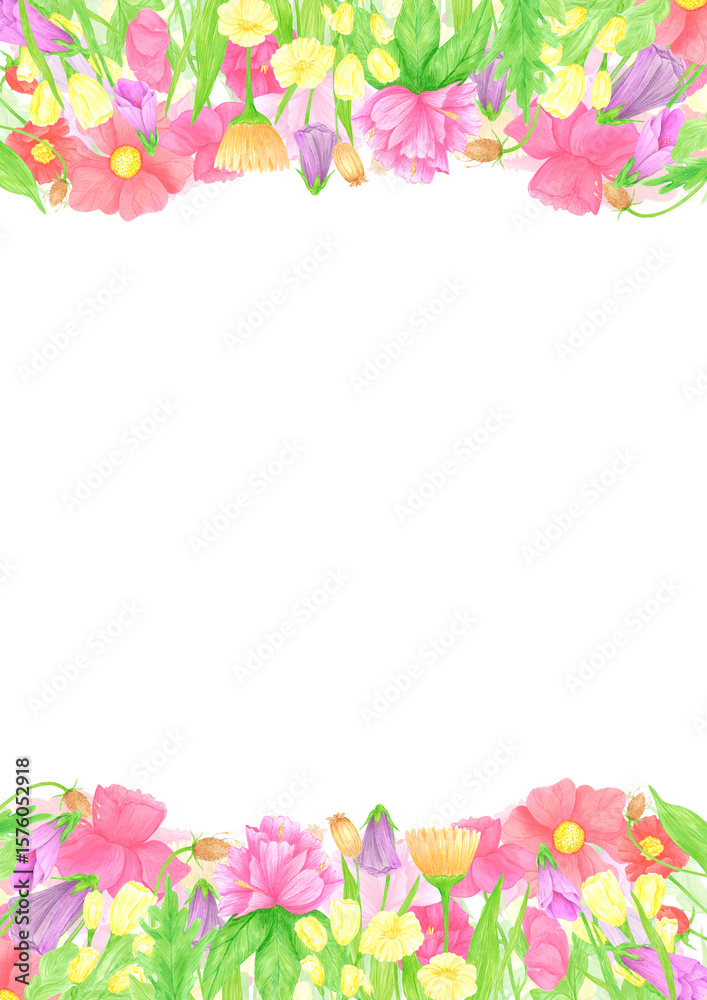 Hand drawn watercolor wildflowers and leaves postcard frame border. Flower of the field isolated on white background. Can be used for postcard, invitation, scrapbook and other printed products. Hand drawn watercolor wildflowers and leaves postcard frame border. Flower of the field isolated on white background. Can be used for postcard, invitation, scrapbook and other printed products.