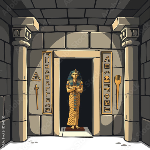 a cartoon illustration of an egyptian man in the doorway to his temple, with text that reads ancient egypt