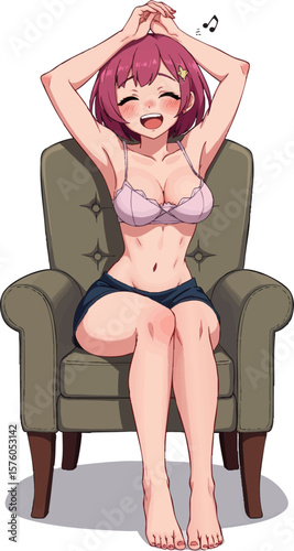 a woman sitting in an armchair with her hands on the head and looking at something