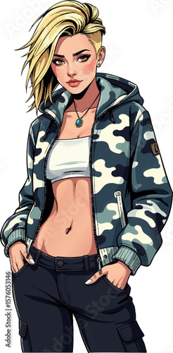 a woman in camouflage jacket and jeans standing on the ground with her arms crossed