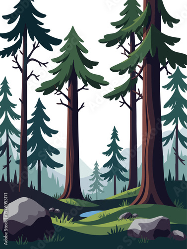 a forest scene with trees and rocks in the foreground, vector illustration