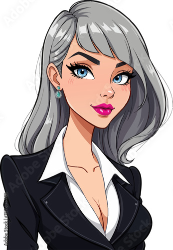 a woman with gray hair and blue eyes in black suit, white shirt