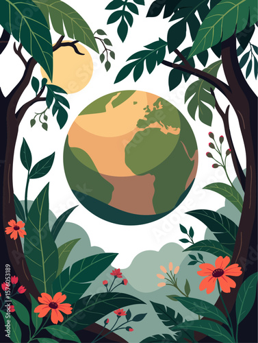 the earth is surrounded by trees and flowers, with a white background that says save our planet