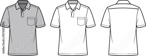 Men's polo shirt flat sketch, front and back technical illustration for fashion design, apparel template, vector clothing mockup, casual wear.