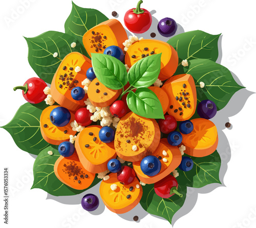a bunch of fruit with leaves and berries