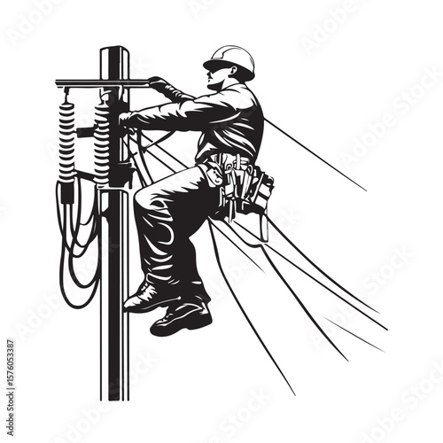 Lineman Climbing Utility Pole vector silhouette, Lineman silhouette climbing electric pole vector, Lineman silhouette vector flat illustration design