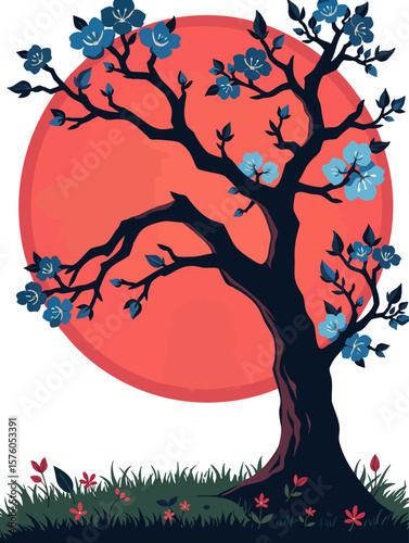 a tree with blue flowers in front of an orange sun and green grass