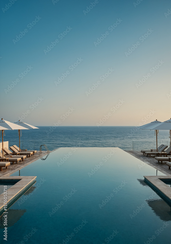 Fototapeta premium Infinity pool with lounge chairs and umbrellas facing the ocean