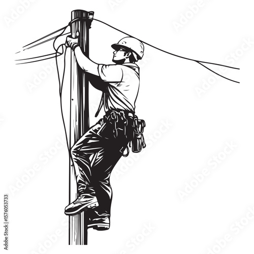 Lineman Climbing Utility Pole vector silhouette, Lineman silhouette climbing electric pole vector, Lineman silhouette vector flat illustration design