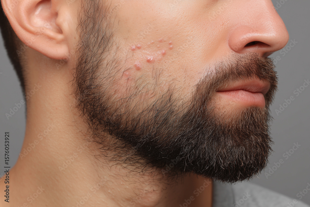 Obraz premium Close up of adult man with beard irritation bumps on cheek skin health problem facial hair care