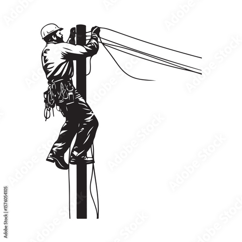 Lineman Climbing Utility Pole vector silhouette, Lineman silhouette climbing electric pole vector, Lineman silhouette vector flat illustration design