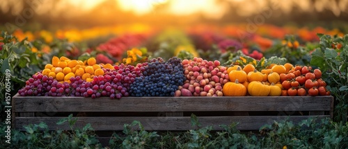 Wooden crate overflowing with a variety of fresh fruits and vegetables.