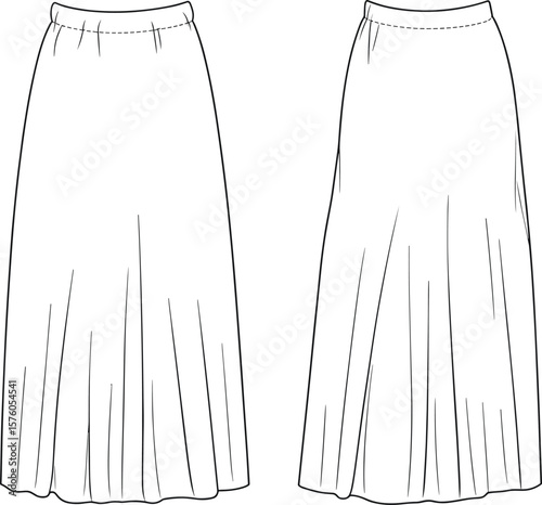 Long flared gathered skirt flat sketch, front and back view, technical drawing for fashion design, clothing production, and textile use.