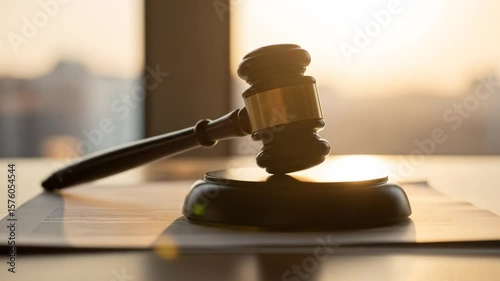 Symbol of law and authority gavel on desk at sunset light representing justice