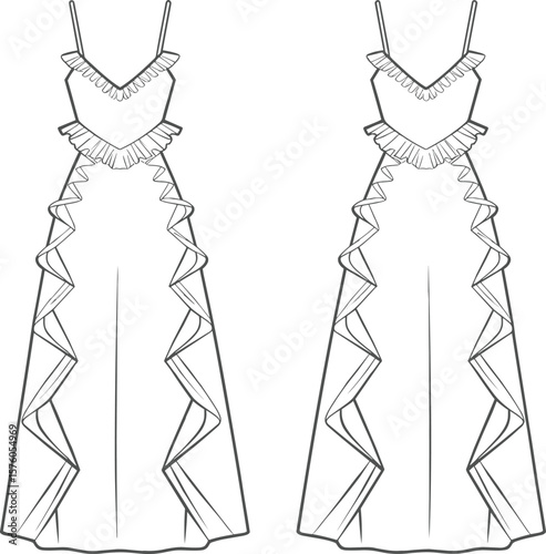 Ruffle trim maxi dress technical flat, front and back views, fashion illustration for garment design, textile production, apparel sketch.