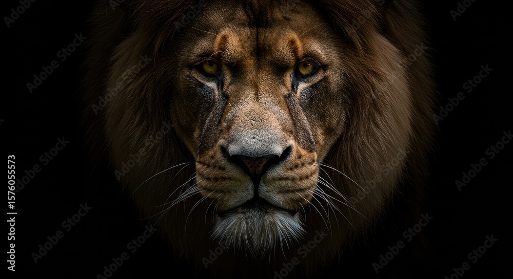 Fototapeta premium Majestic lion portrait emerges from the darkness highlighting strength and grace