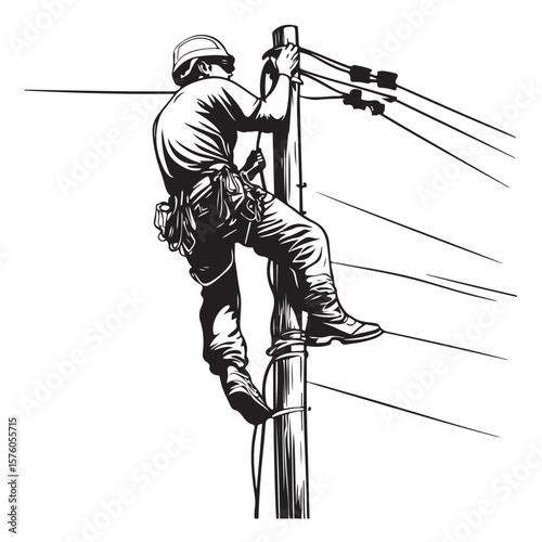 Lineman Climbing Utility Pole vector silhouette, Lineman silhouette climbing electric pole vector, Lineman silhouette vector flat illustration design