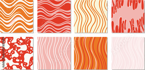 Twisted lines, fluid, curved, wiggling stripes, waves vector backgrounds set. Doodle, uneven hand drawn wavy, organic winding lines. Liquid, funky chaotic ornaments, groovy hippie patterns collection