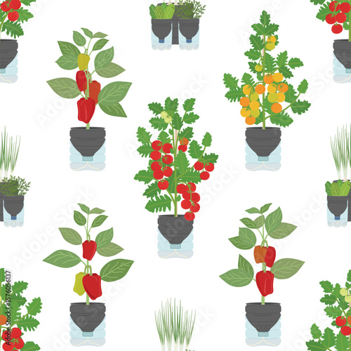 Seamless pattern of plastic bottle planters on white background. Vertical garden, urban farming concept. Hand-drawn vector illustration