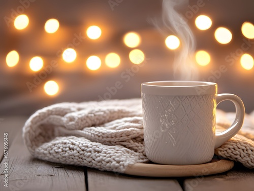 Cozy Winter Mug Steam Warm Knit Lights Background