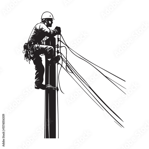 Lineman Climbing Utility Pole vector silhouette, Lineman silhouette climbing electric pole vector, Lineman silhouette vector flat illustration design