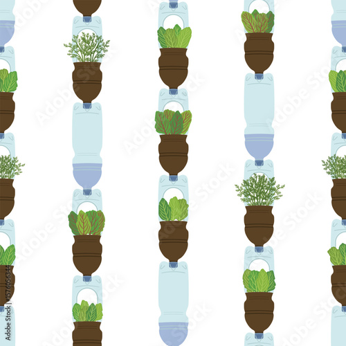 Seamless pattern of self-watering plastic bottle planters on white background. Handmade and DIY secondary use. Vertical garden, urban farming concept. Hand-drawn vector illustration