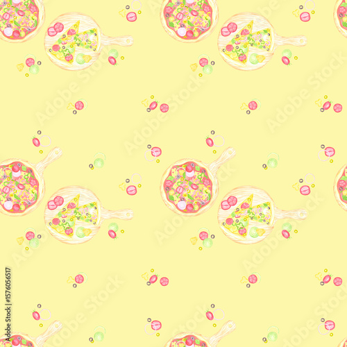 Hand drawn watercolor tomato pizza with vegetables and prawns seamless pattern isolated on yellow background. Can be used for textile, fabric, scrapbook and other printed products.