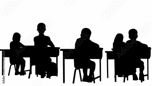 Silhouette illustration of students seated at desks in a classroom setting with a bright white background