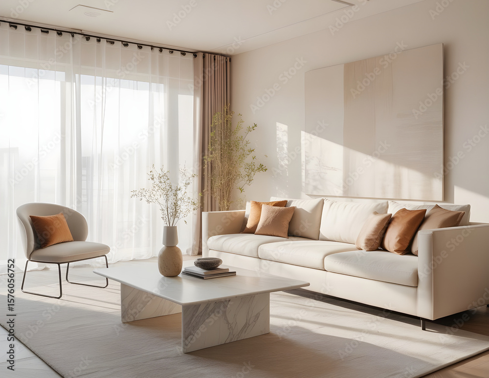 Fototapeta premium Elegant New York City living room with light walls, gold-accented furniture, large windows, natural lighting, and minimalist art creating a luxurious atmosphere