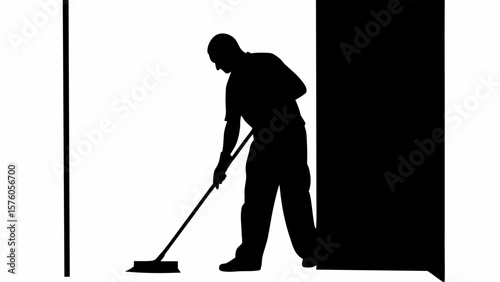 Silhouette of a person sweeping the floor with a broom near a wall in a black and white illustration