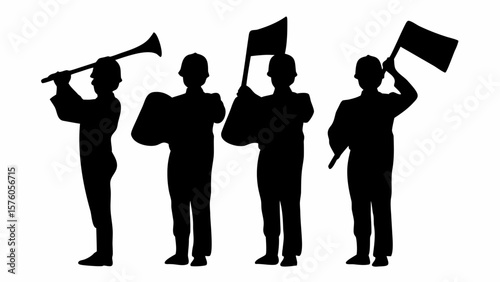 Silhouette of four figures playing instruments and holding flags in a monochrome composition style