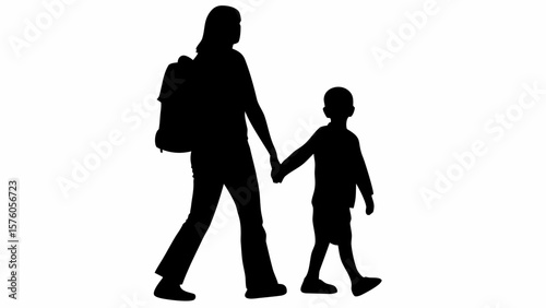 Silhouette of mother with backpack holding hand of child walking together in black and white image