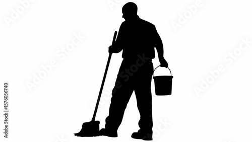 Silhouette of a man mopping the floor while holding a bucket in his hand on a white background image