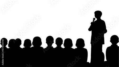 Silhouette of a speaker with a microphone addressing a group of people in a black and white illustration