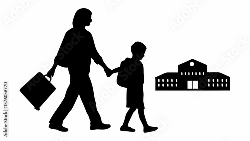 Silhouette of a woman holding a child's hand while walking towards a school building with a briefcase