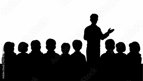 Silhouette illustration of a teacher giving a lecture to a class of students in a classroom setting