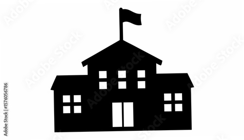 Silhouette of a two story building with a flag on top and multiple windows in black and white style image
