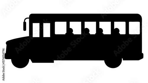 Silhouette of a school bus with passengers visible through the windows against a white background view side