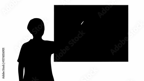 Silhouette of a person standing next to a large black rectangle with a small white line on it drawn on top