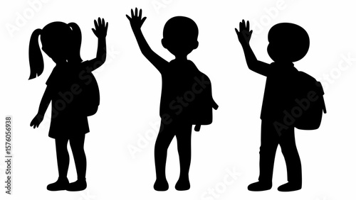 Three children silhouettes with backpacks waving their hands in a friendly manner on a white background