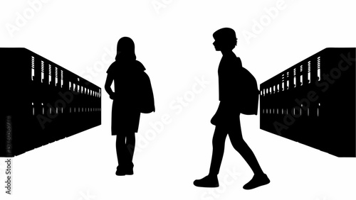 Silhouette of students with backpacks walking in a school hallway with lockers on either side of them