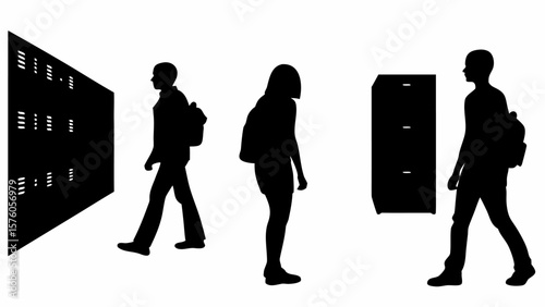 Silhouettes of students with backpacks near lockers and filing cabinets in a school hallway scene depicted
