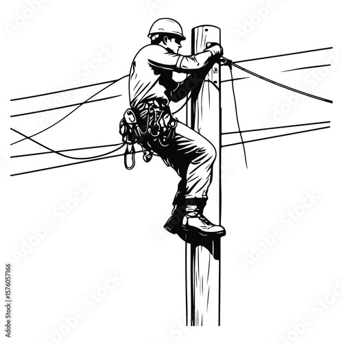 Lineman Climbing Utility Pole vector silhouette, Lineman silhouette climbing electric pole vector, Lineman silhouette vector flat illustration design